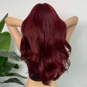 Synthetic Burgundy Long Wavy Wig Wine Red Colorful Cosplay Lolita Wigs with Bangs for Women Afro Natural Hair Heat Resistant