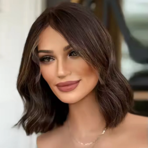 Premium Human Hair Blended Synthetic Wigs Chestnut Highlight Color Luxury Bob Lace Top Wig for Women Realistic Lace Front Wig