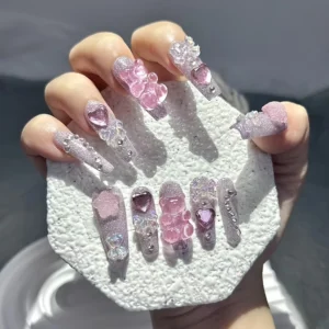 Cartoon Cute Pink Smoothie Nail Art Bow Bear Star Bling Fake Nails Pink Sweet Girly Girl Handmade Wear Nails