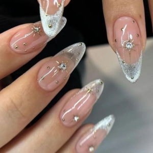 24Pcs Nude Pink Almond Fake Nails with Jelly Glue Spice Girl Glitter Wave Design Nails Medium Wearable French Manicure for Women