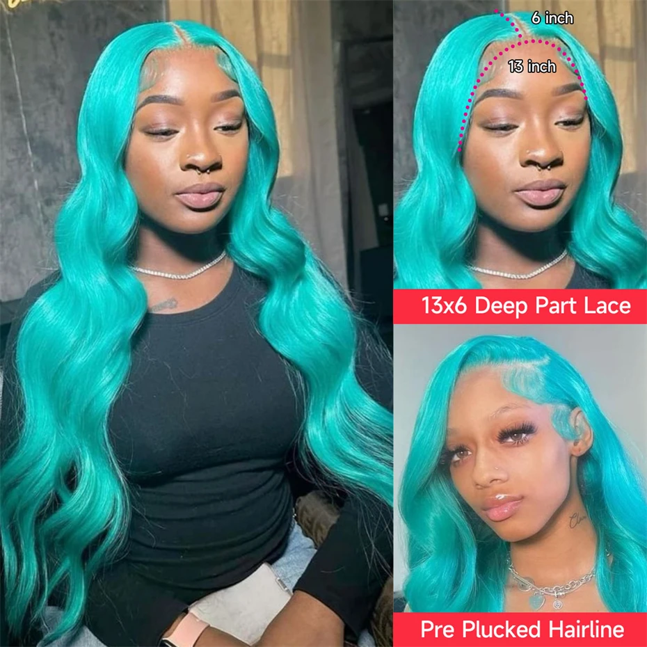 13x6 Teal Ocean Blue Lace Front Wig Human Hair Body Wave 613 Blonde Lace Frontal Wig Preplucked Mint Green Color Human Hair Wigs - Image 5