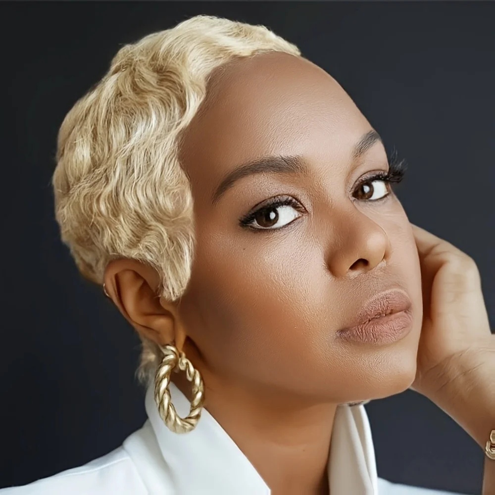 Blonde Wave Pixie Cut Wig Brazilian Human Hair Wig Easy to Wear Perfect for Daily Wear full Machine-Made Rose Net Hair Wig - Image 2