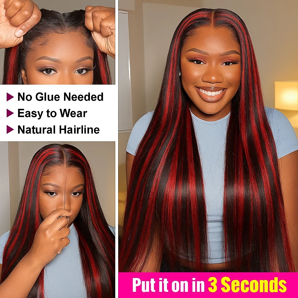 1B/99J Color No Silk No Glue Highlight Wigs 5x5 Lace Closure Glueless Wigs Ombre Red With Black Bone Straight Wigs Human Hair - Image 3