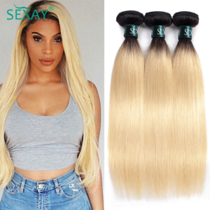 Ombre Blonde Human Hair Weave Bundles Dark Roots 1B #613 Straight Human Hair Extensions Honey Blonde Human Hair Bundles Deal