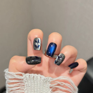 10pcs Dark Blue Shiny Butterfly Girl False Nails Short Kawaii Korean Y2k Detachable Durable Press On Woman Fake Nails Tips
