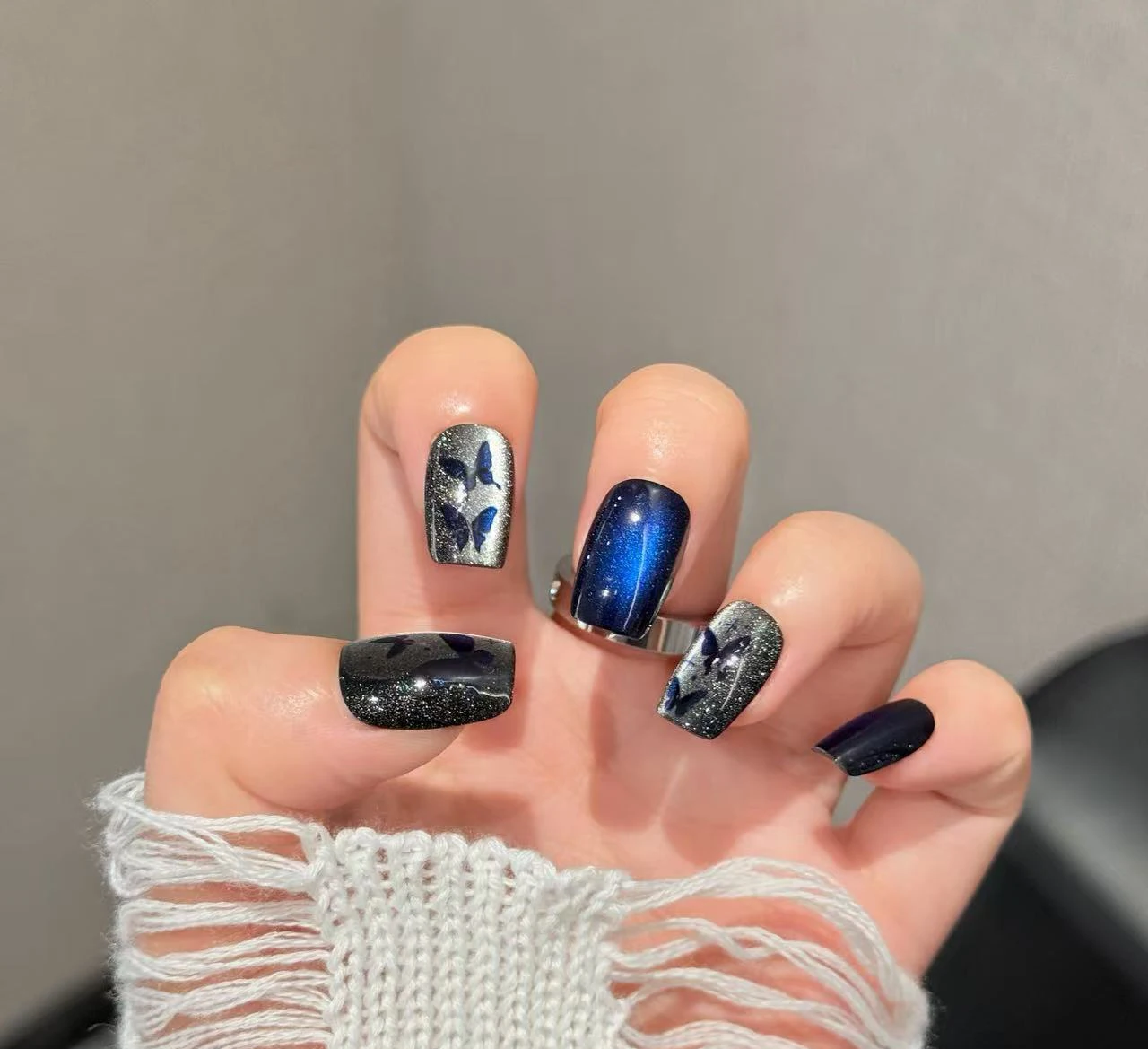 10pcs Dark Blue Shiny Butterfly Girl False Nails Short Kawaii Korean Y2k Detachable Durable Press On Woman Fake Nails Tips - Image 2