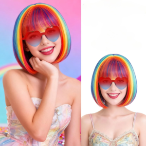 Colorful Bob Wig for Women Men Colorful Short Funny Bob Synthetic Wigs with Bangs Colored Cosplay Christmas Halloween