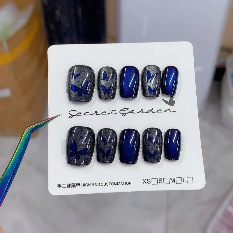 10pcs Dark Blue Shiny Butterfly Girl False Nails Short Kawaii Korean Y2k Detachable Durable Press On Woman Fake Nails Tips - Image 5