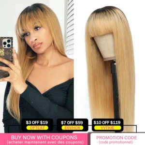 Ombre Honey Blonde Brazilian Straight Human Hair Wigs With Bangs For Black Women IJOY Full Machine Made Wig Remy Human Hair Wigs
