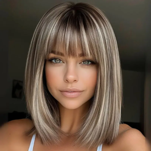 Highlight-Blended Brown Short Bob Cut Wig with Straight Bangs (Synthetic Fiber) – Perfect for Women’s Daily Wear, Parties, Celeb