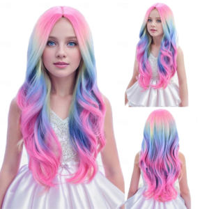 HAIRJOY Synthetic Hair Colorful Wigs Long Curly Wavy Wig for Girls Kids Rainbow Wig Colored  Cosplay Party Carnival Halloween