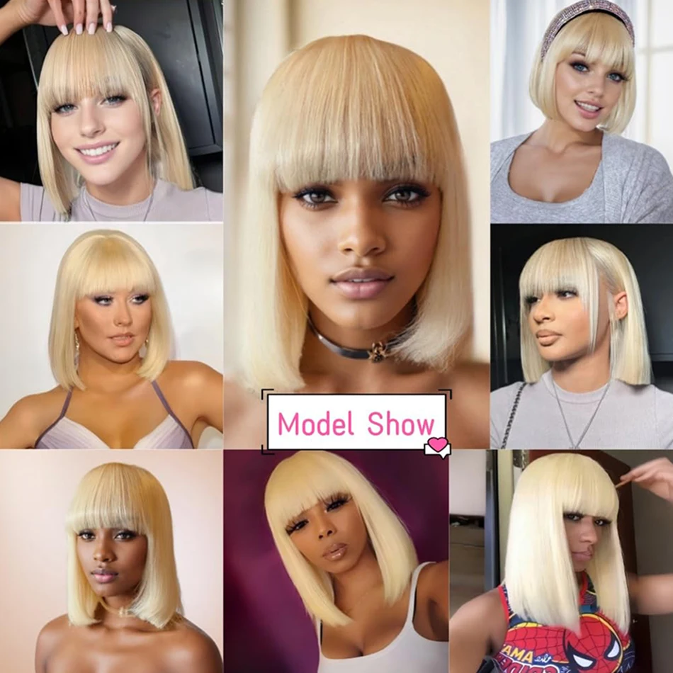 Blonde Straight Human Hair Bob Wig With Bangs Brazilian 180% Density Full Machine Made Wig For Women No Lace Bob Wig 613 Color - Image 6