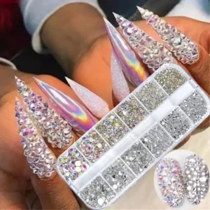 Nail Art Rhinestone 12Grids Box Nail Beads AB Crystal Flatback Stone Jewelry Gems with Storage Organizer for Nail Decorations