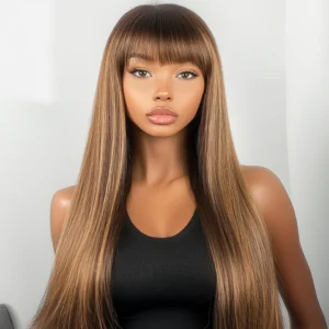 Ombre Brown Highlight Straight Human Hair Wigs With Bangs Wear And Go Glueless Colored Human Hair Wigs 16-28inches Straight Wigs