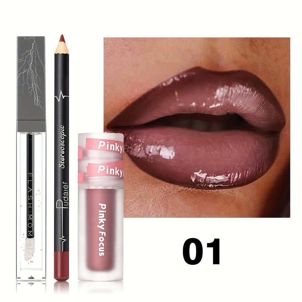 3PCS Glossy Lip Set, Shimmer Lip Gloss + Lip Oil + Lip Liner, Nourishing, Non-Sticky, High Shine, Daily Makeup - Image 7
