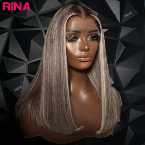 Dark Root Blonde Highlight With Brown Roots 100% Human Hair Wig Short Bob 180% Density Straight Pre Plucked For Women Wig