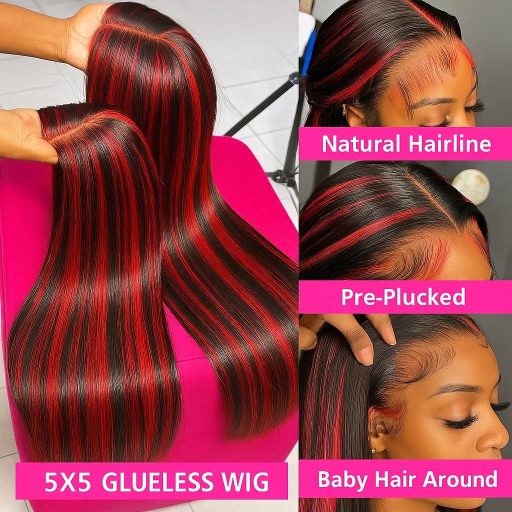 1B/99J Color No Silk No Glue Highlight Wigs 5x5 Lace Closure Glueless Wigs Ombre Red With Black Bone Straight Wigs Human Hair - Image 5