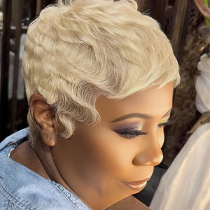 Blonde Wave Pixie Cut Wig Brazilian Human Hair Wig Easy to Wear Perfect for Daily Wear full Machine-Made Rose Net Hair Wig