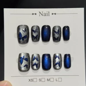 10pcs Dark Blue Shiny Butterfly Girl False Nails Short Kawaii Korean Y2k Detachable Durable Press On Woman Fake Nails Tips