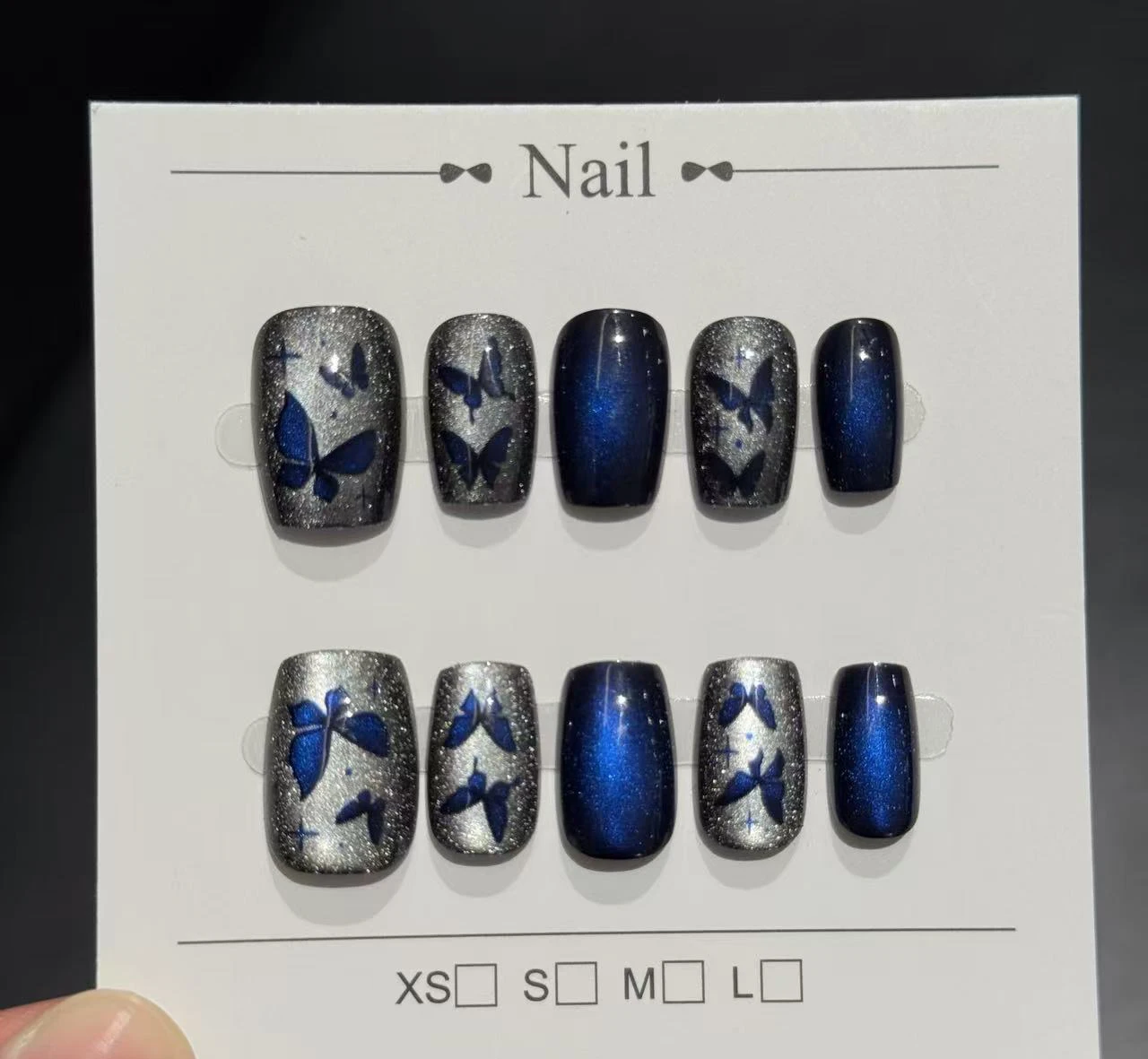 10pcs Dark Blue Shiny Butterfly Girl False Nails Short Kawaii Korean Y2k Detachable Durable Press On Woman Fake Nails Tips