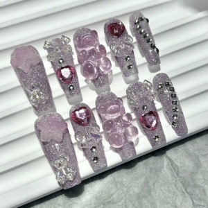 Cartoon Cute Pink Smoothie Nail Art Bow Bear Star Bling Fake Nails Pink Sweet Girly Girl Handmade Wear Nails
