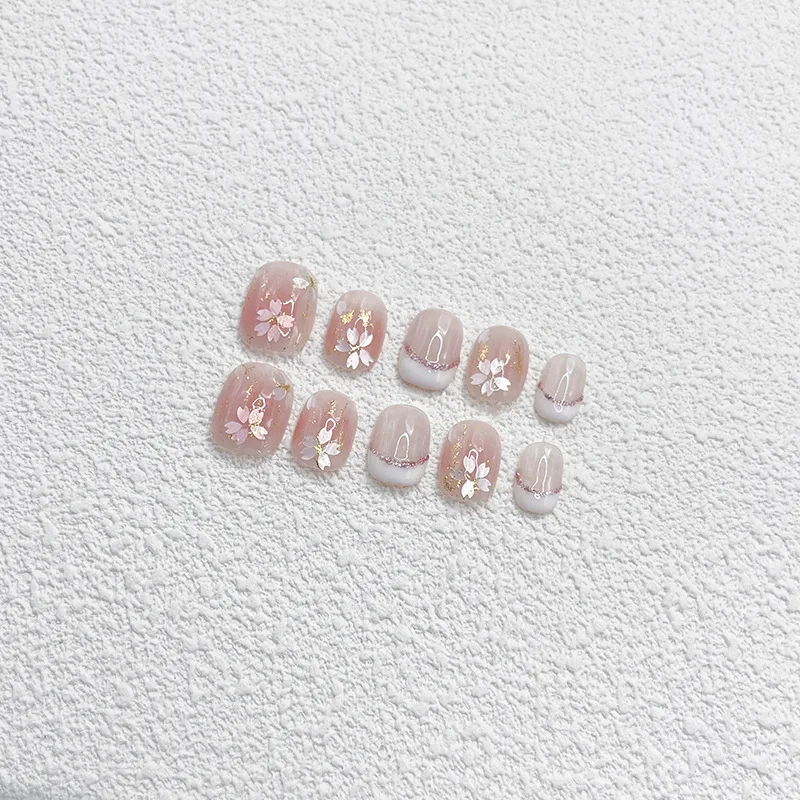 10Pcs Handmade Nails Gentle Pink with Cherry Blossom&Glitter Accents French Tip False Nail for Women&Girl Removable Wear Nail - Image 3