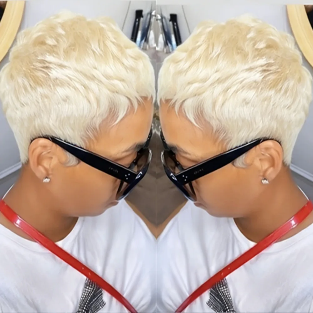 60 blonde color 4inch short wavy human hair wigs machine made wig 150% density pixie cut human hair wig daily use