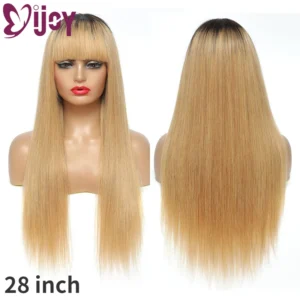Ombre Honey Blonde Brazilian Straight Human Hair Wigs With Bangs For Black Women IJOY Full Machine Made Wig Remy Human Hair Wigs