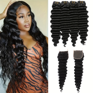Peruvian Deep Wave Hair With 5×5 Lace Closure Unprocessed Human Hair Bundles With Lace Closure Free Part Transparent Lace Virgin Human Hair Wet And Wavy Weave Hair