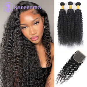 Kinky Curly Human Hair Bundles With Closure-Brazilian Curly Bundles And Closure Unprocessed Virgin 3 Bundles With 4×4 Lace Closure Kinky Curly Weave Human Hair Bundles Natural Color