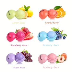 Spherical Lip Balm Ball – Glossy Tinted Lipstick-like Moisturizing Lip Gloss, Scent-Free Long-Lasting Hydration with Strawberry, Lemon, Grape, Blueberry & Orange Flavors (Pink, Green, Purple, Turquoise,) for Dry Lips