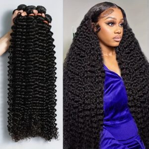 Deep Wave Human Hair Bundles 100% Brazilian Hair Bundles Unprocessed Virgin Weave Deep Curly Human Hair Bundles 3 Bundles Double Weft Hair Bundles Natural Black Color Full And Thick Bundles For Women