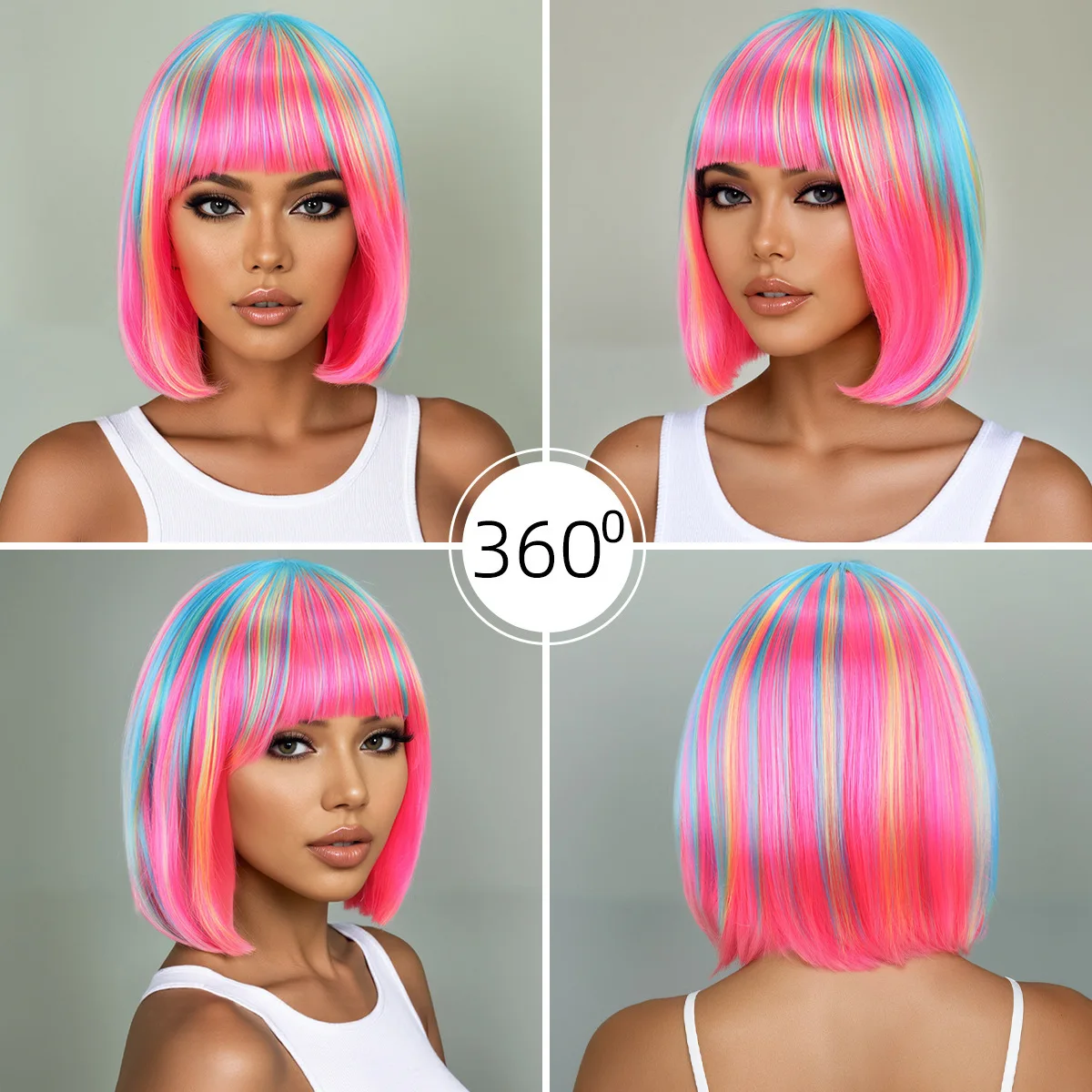 Rainbow multi-color synthetic wig for daily gatherings, parties, Halloween cosplay, bob hairstyle with side bangs, head cover - Image 4