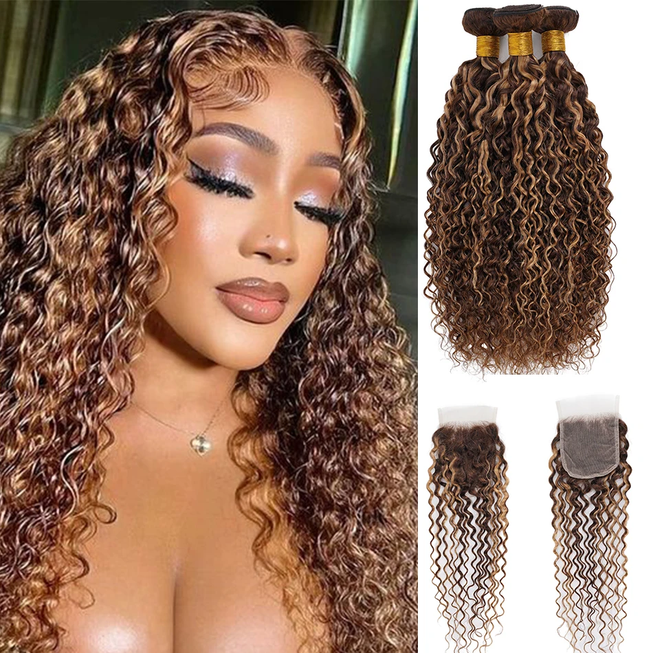 100% Human Hair Highlight Water Wave Bundles With Closure Wet and Wavy Ombre Honey Blonde Curly Bundles With 4x4 HD Lace Closure - Image 8
