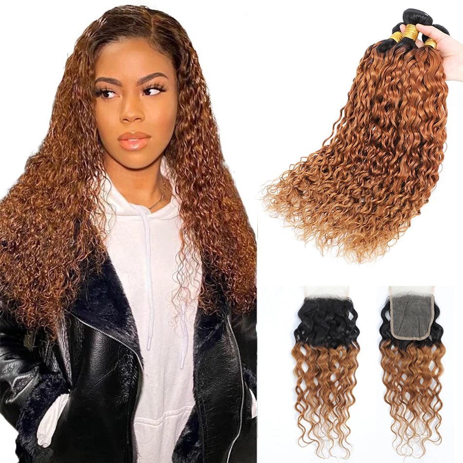 100% Human Hair Highlight Water Wave Bundles With Closure Wet and Wavy Ombre Honey Blonde Curly Bundles With 4x4 HD Lace Closure - Image 6