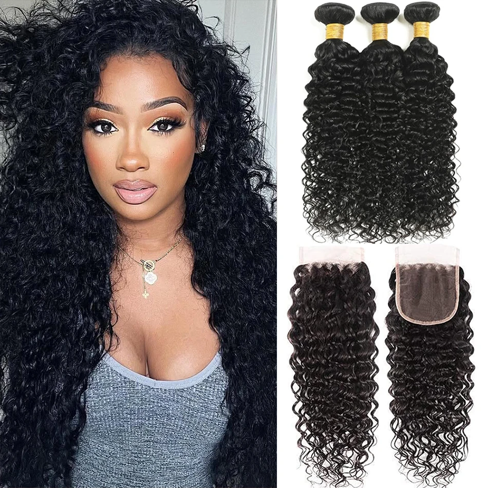 100% Human Hair Highlight Water Wave Bundles With Closure Wet and Wavy Ombre Honey Blonde Curly Bundles With 4x4 HD Lace Closure - Image 5