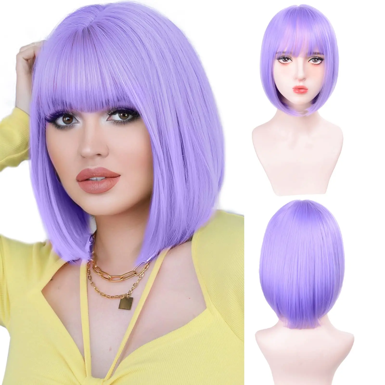 Rainbow multi-color synthetic wig for daily gatherings, parties, Halloween cosplay, bob hairstyle with side bangs, head cover - Image 17