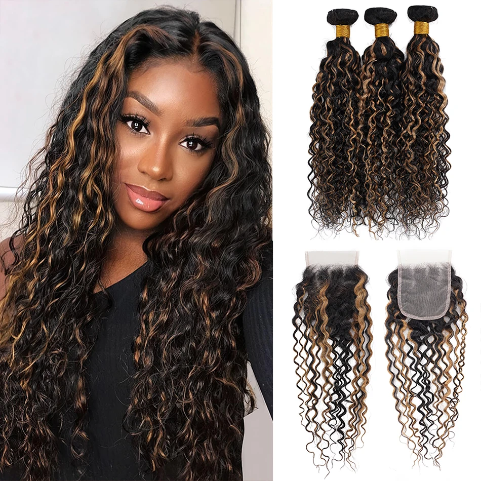 100% Human Hair Highlight Water Wave Bundles With Closure Wet and Wavy Ombre Honey Blonde Curly Bundles With 4x4 HD Lace Closure - Image 3