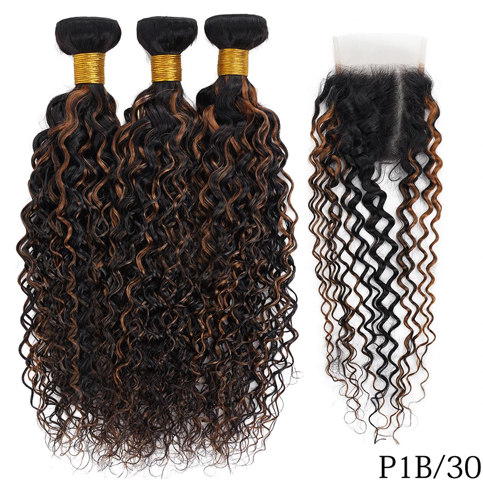100% Human Hair Highlight Water Wave Bundles With Closure Wet and Wavy Ombre Honey Blonde Curly Bundles With 4x4 HD Lace Closure - Image 4