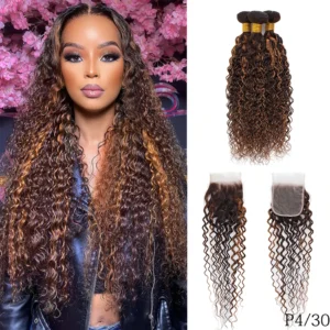 100% Human Hair Highlight Water Wave Bundles With Closure Wet and Wavy Ombre Honey Blonde Curly Bundles With 4×4 HD Lace Closure