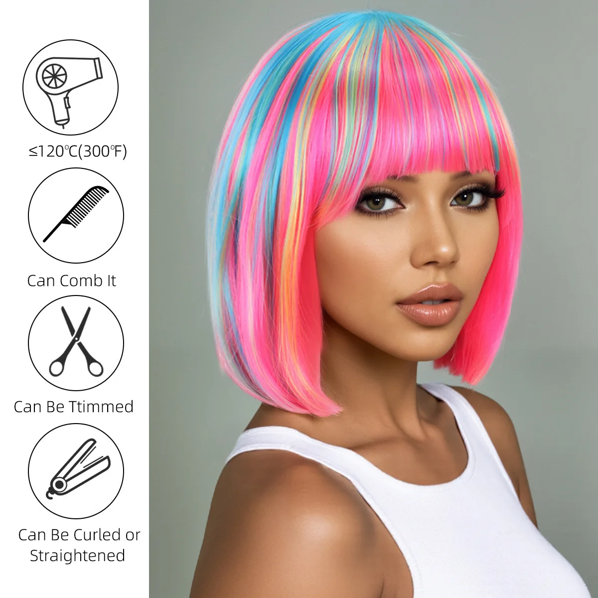 Rainbow multi-color synthetic wig for daily gatherings, parties, Halloween cosplay, bob hairstyle with side bangs, head cover - Image 2