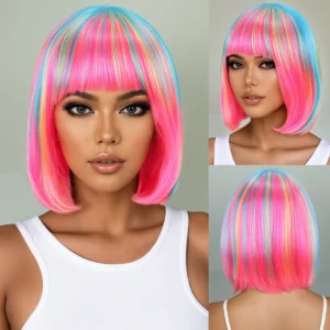 Rainbow multi-color synthetic wig for daily gatherings, parties, Halloween cosplay, bob hairstyle with side bangs, head cover