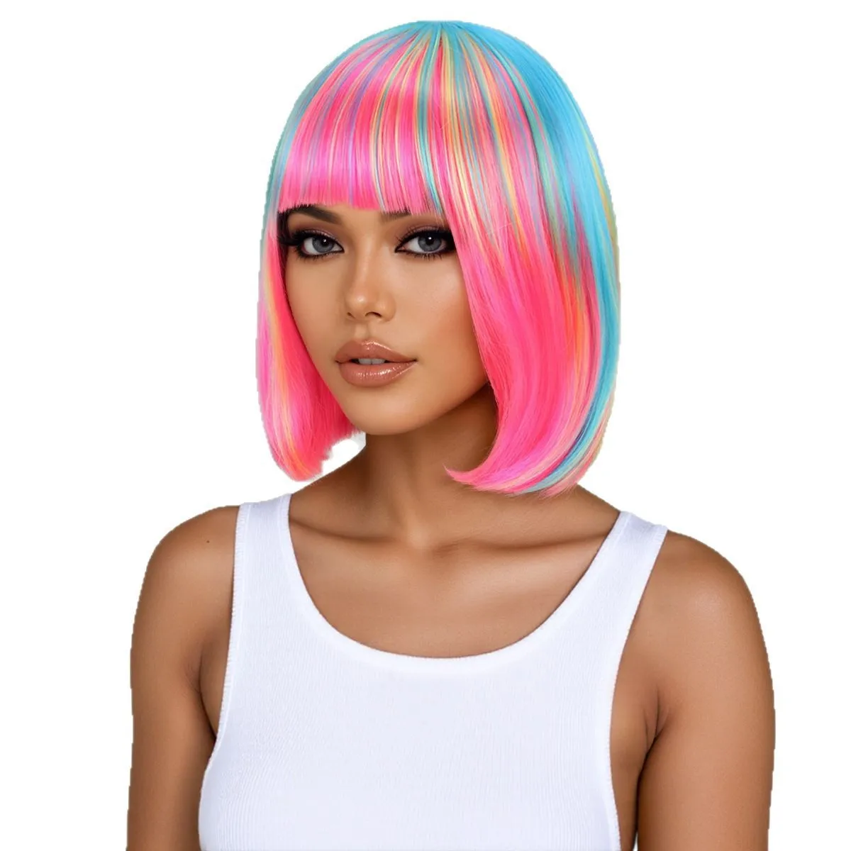 Rainbow multi-color synthetic wig for daily gatherings, parties, Halloween cosplay, bob hairstyle with side bangs, head cover - Image 5