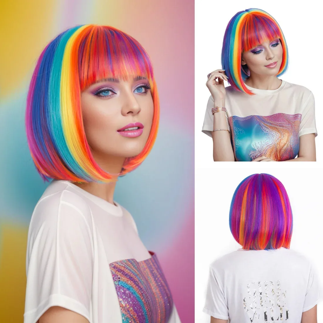 Rainbow multi-color synthetic wig for daily gatherings, parties, Halloween cosplay, bob hairstyle with side bangs, head cover - Image 16