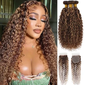 100% Human Hair Highlight Water Wave Bundles With Closure Wet and Wavy Ombre Honey Blonde Curly Bundles With 4×4 HD Lace Closure
