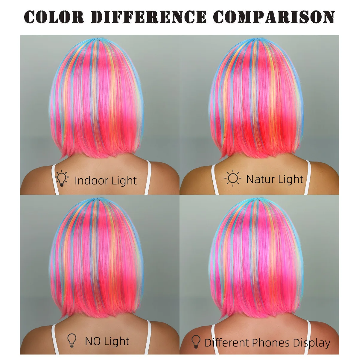 Rainbow multi-color synthetic wig for daily gatherings, parties, Halloween cosplay, bob hairstyle with side bangs, head cover - Image 3